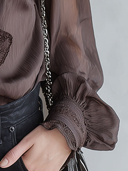 Stylish Brown Ruffled Chiffon Long-Sleeved Shirt