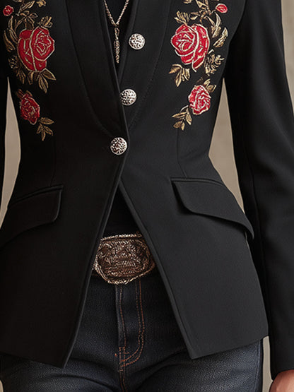 Stand Collar Single-breasted Rose Embroidered Woolen Blazer