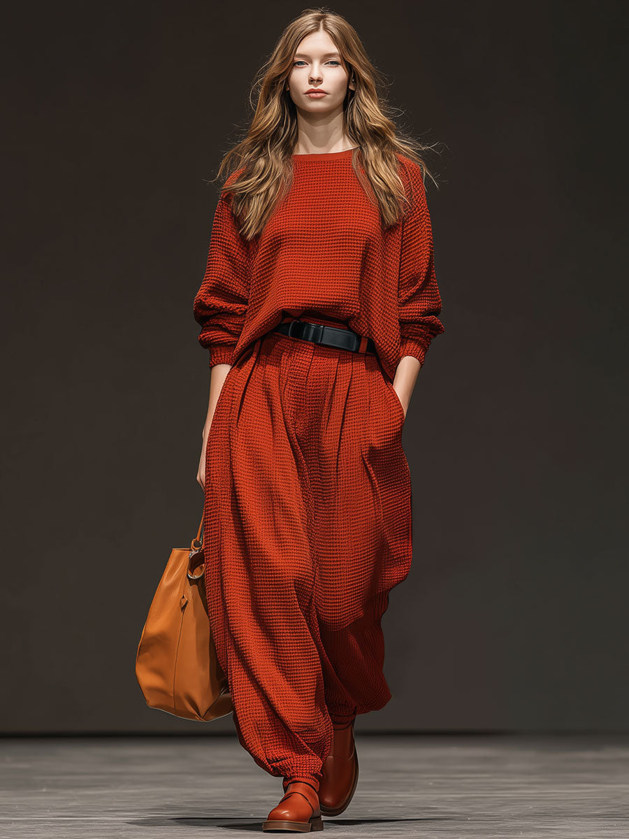 Casual Sporty Retro Red Waffle Knit Crew Neck Sweatshirt And Pants Set