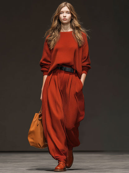 Casual Sporty Retro Red Waffle Knit Crew Neck Sweatshirt And Pants Set