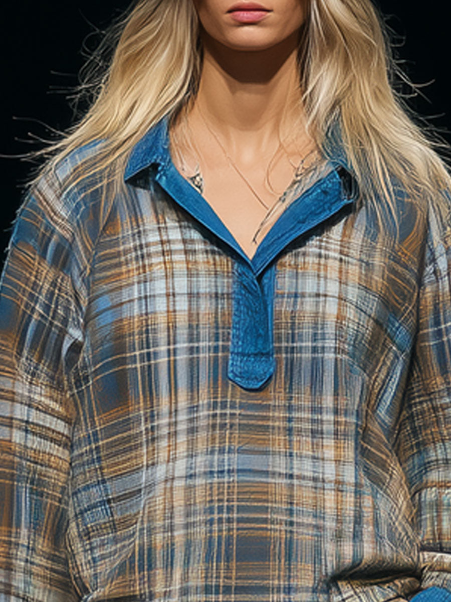 Casual Retro Blue Denim-trimmed Plaid Sweatshirt