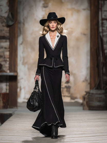 Simple And Stylish White Collared Black Jacket And Skirt Set