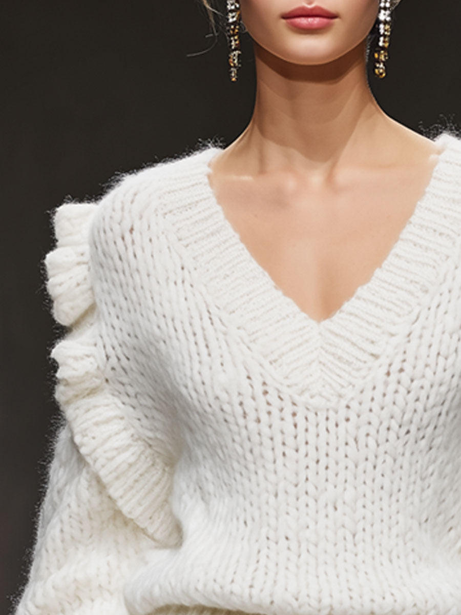 Casual Retro V-neck Ruffled Long White Knit Pullover Sweater