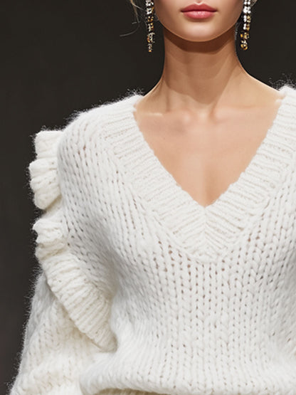 Casual Retro V-neck Ruffled Long White Knit Pullover Sweater