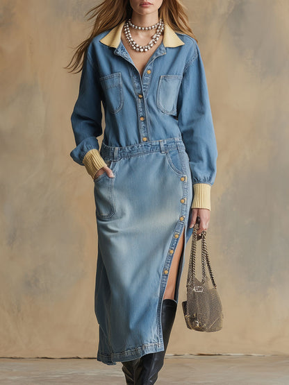Casual Retro Distressed Blue Denim Long-sleeved Slit Midi Dress