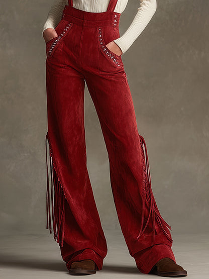 Western Retro Red Faux Suede Studded Tassel Overalls