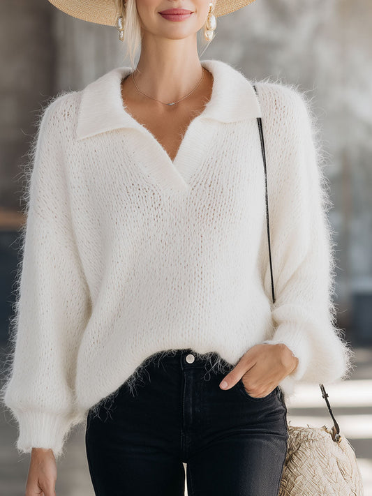 Stylish And Casual White Knitted Collar Sweater