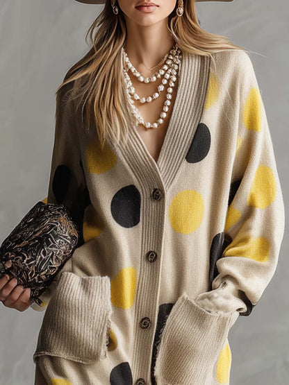 Vintage Fashion V-neck Front Button Yellow And Black Polka Dot Beige Knitted Dress Cardigan