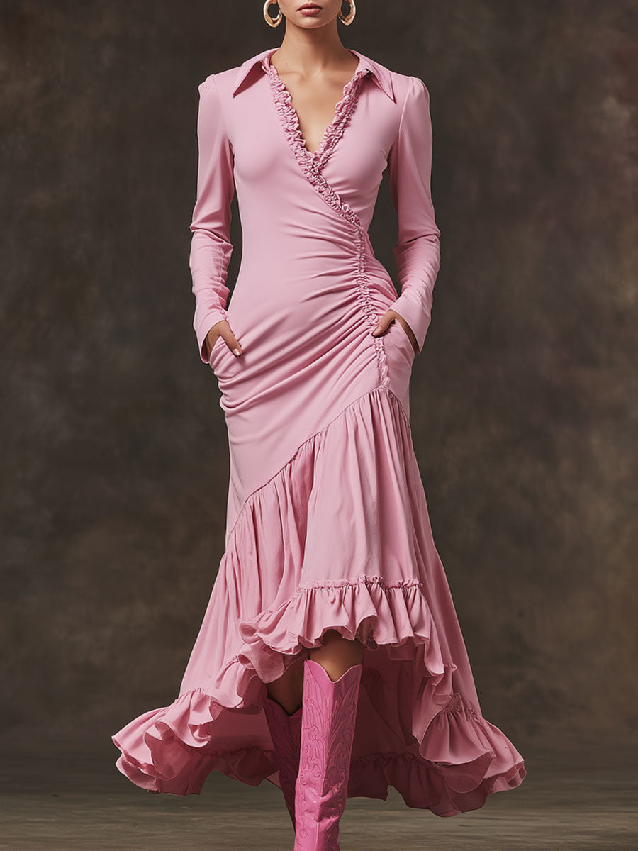 Trendy Retro Pink Cotton Ruffled Long-sleeved Maxi Dress