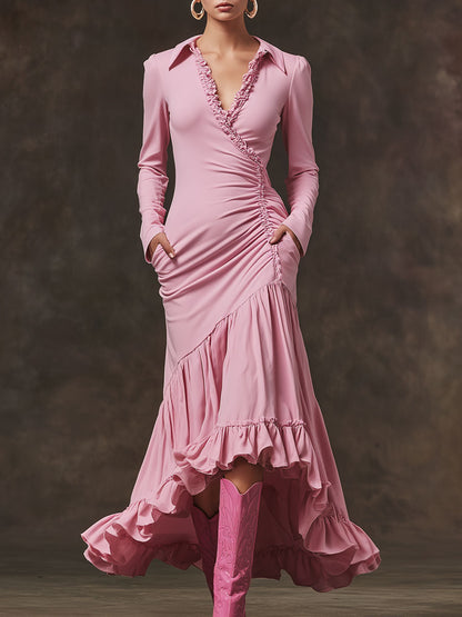Trendy Retro Pink Cotton Ruffled Long-sleeved Maxi Dress