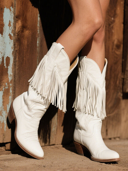 Women's Western Embroidered Tassel Leather Cowboy Boots