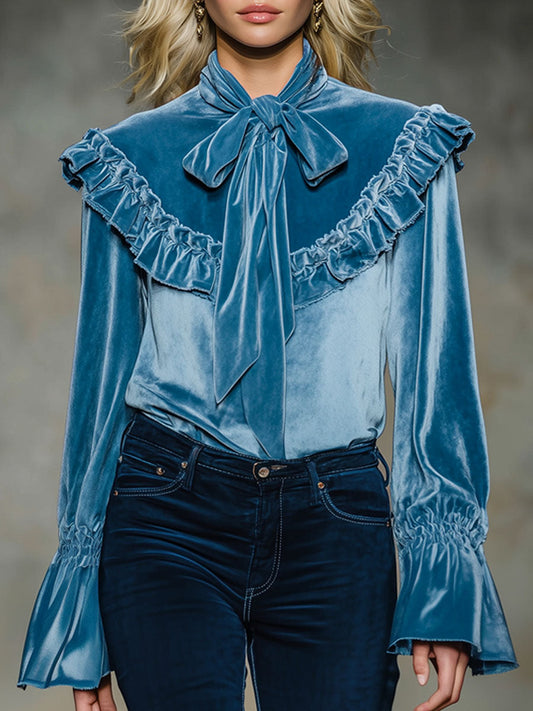 Bow Tie Ruffle Velvet Long-sleeved Shirt