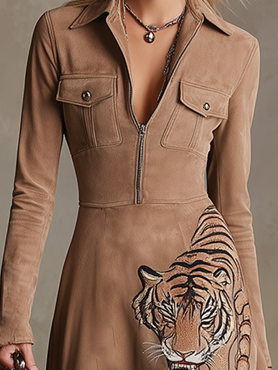 Vintage-style Wild Tiger Embroidered Khaki Lapel Faux Suede Maxi Dress