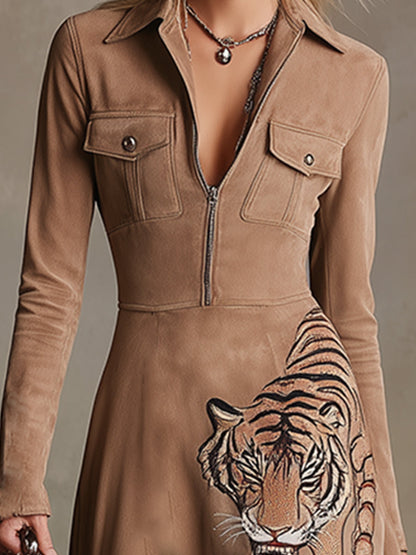 Vintage-style Wild Tiger Embroidered Khaki Lapel Faux Suede Maxi Dress