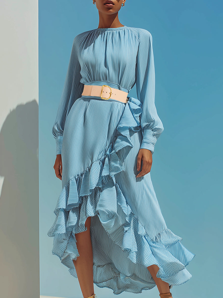 Casual Light Blue Striped Ruffled Maxi Dress
