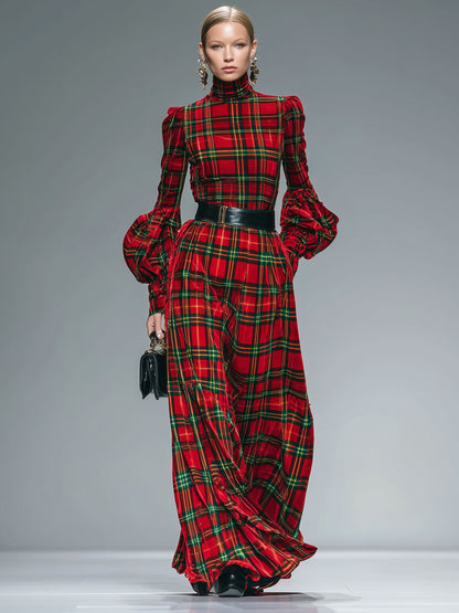Trendy Retro Red And Green Plaid Velvet Lantern Sleeve Maxi Dress