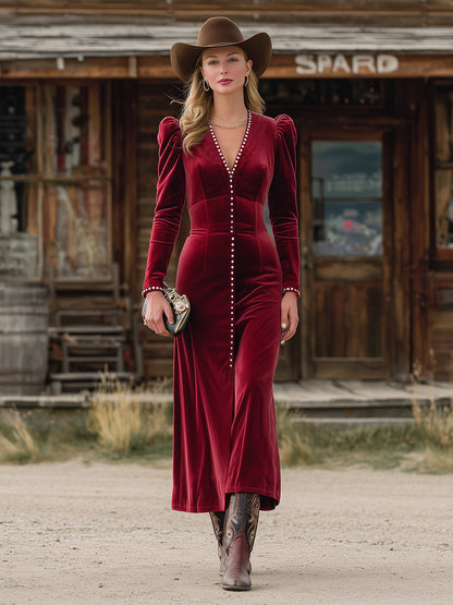 Western Red Velvet V-Neck Studded Midi Dress