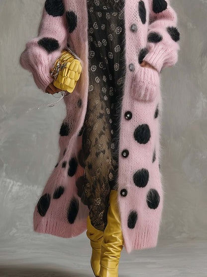 Vintage Fashion Lazy Front Button Black Polka Dot Pink Imitation Rabbit Fur Knitted Long-sleeved Cardigan