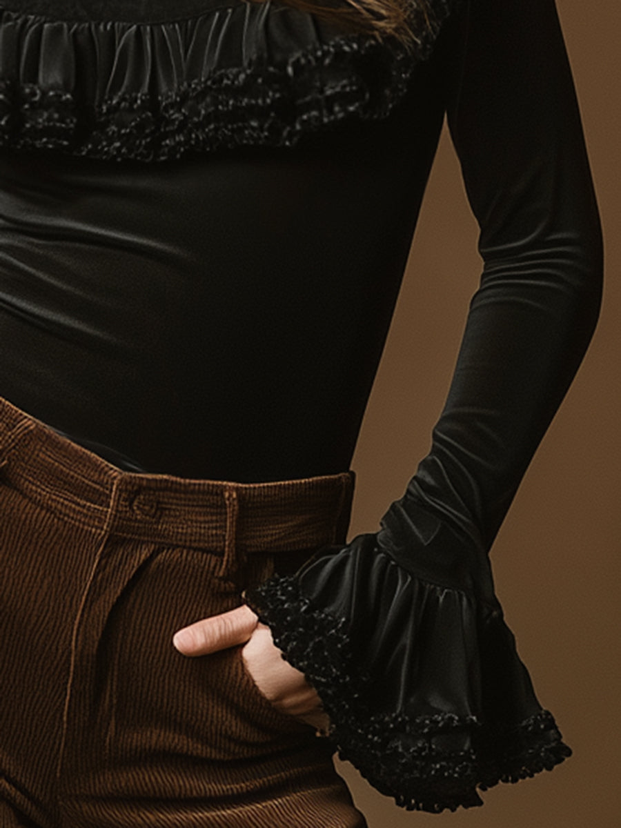 Casual And Stylish High-neck Ruffled Black Velvet Top