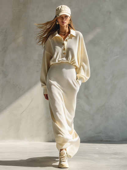 Sporty Elegant Lapel Waffle Knit Maxi Dress