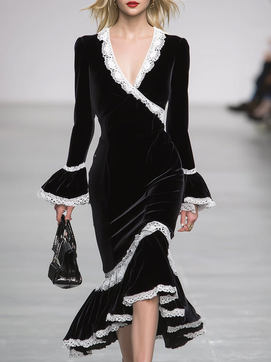 Simple And Stylish White Lace-trimmed Black Ruffled Fishtail Midi Dress