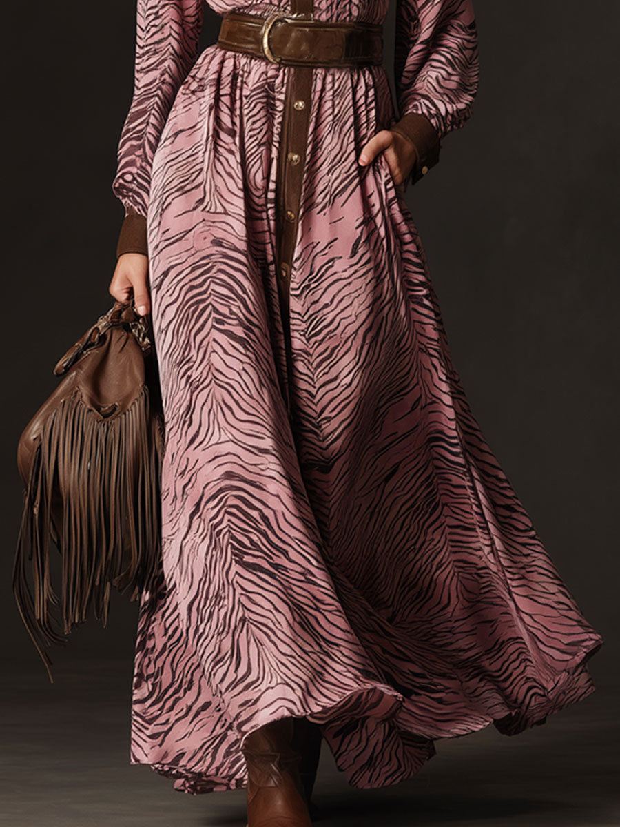 Western Retro Zebra Print Pink Faux Suede Long-Sleeved Maxi Dress