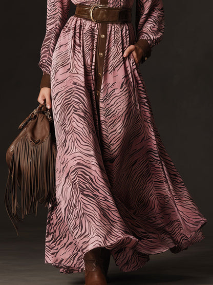 Western Retro Zebra Print Pink Faux Suede Long-Sleeved Maxi Dress