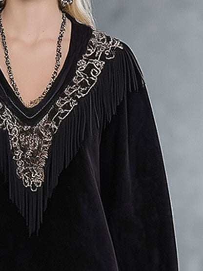 Western-style Embroidered Black Faux Suede Patchwork Tassel Mini Dress