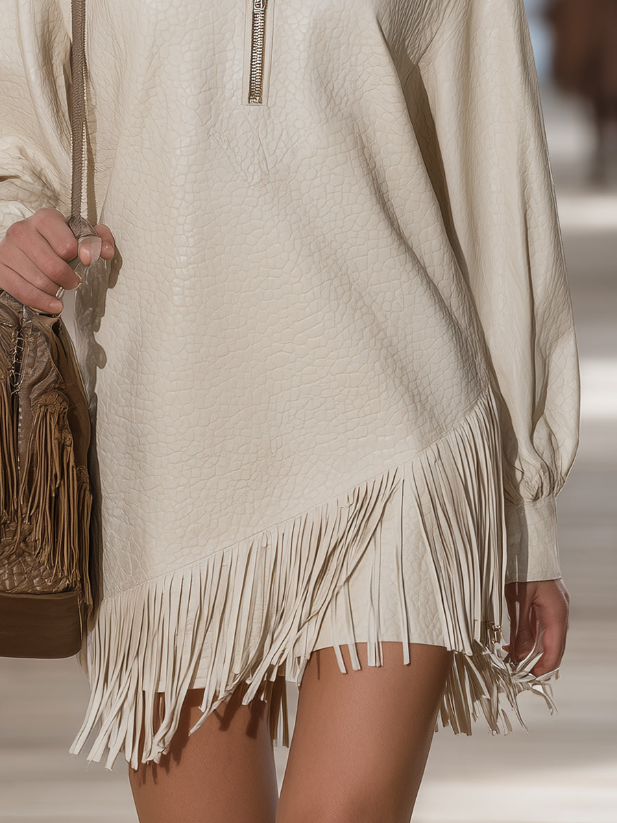 Simple And Stylish Tassel Hem Half-zip Ivory White Faux Leather Mini Dress
