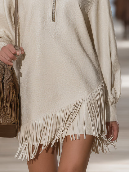 Simple And Stylish Tassel Hem Half-zip Ivory White Faux Leather Mini Dress