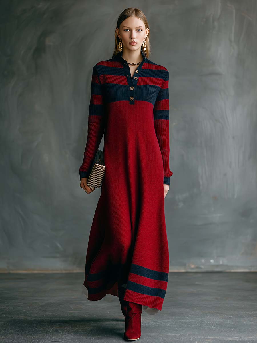 Vintage Fashion Sporty V-neck Front Button Navy Contrast Stripes Red Knitted Maxi Dress