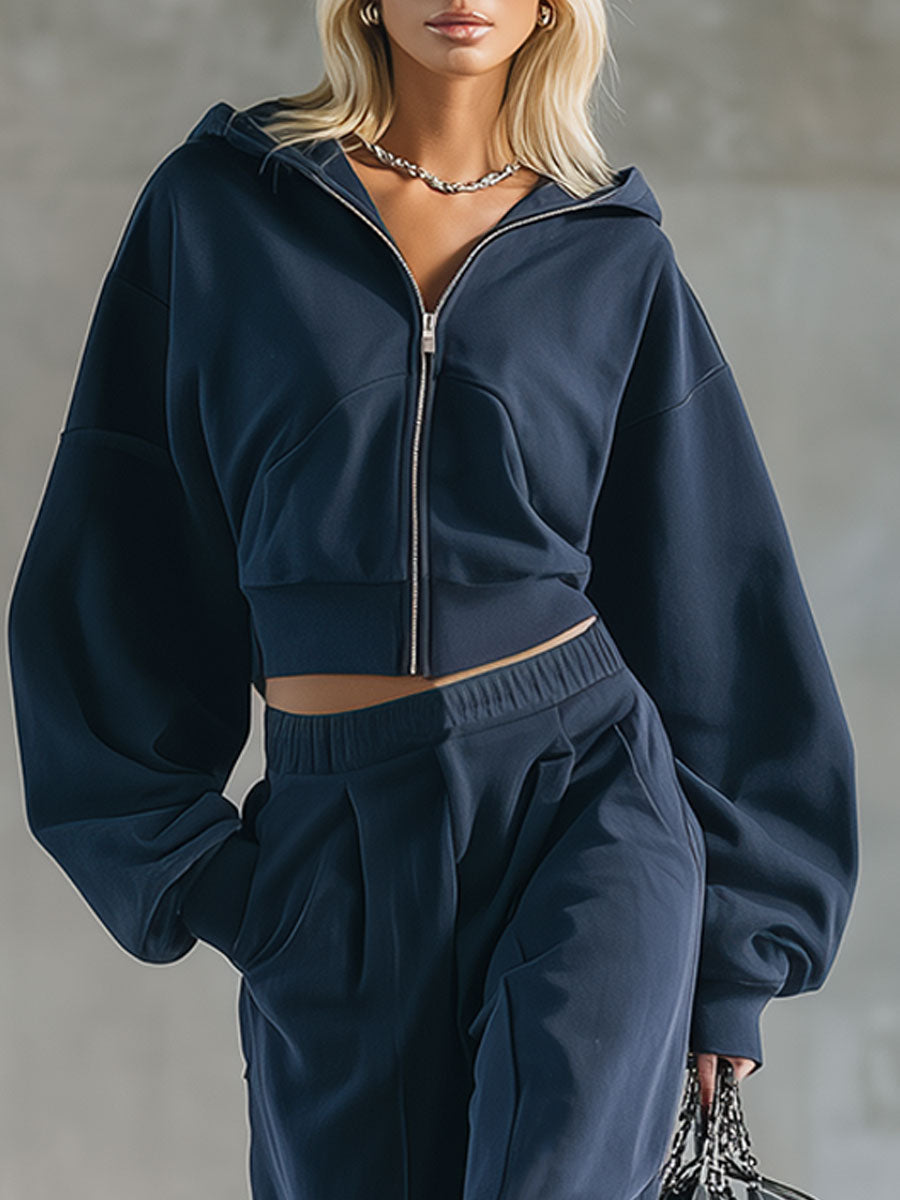 Stylish Loose Blue Zip-Up Sweatshirt And Pants Set