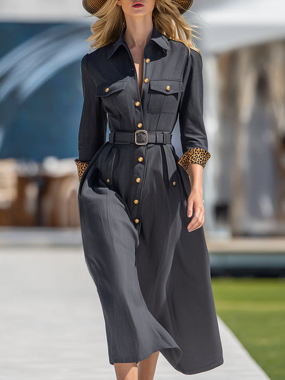 Simple Retro Leopard Print With Gold Buttons Dark Gray Midi Dress