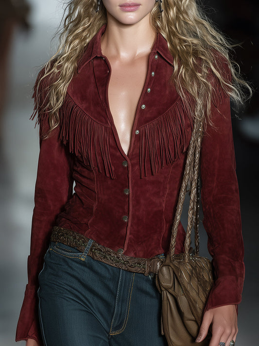 Retro-style Deep Red Faux Suede Tassel Shirt