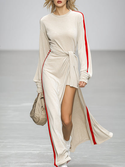 Casual And Stylish Red Trim Beige Sporty Maxi Dress