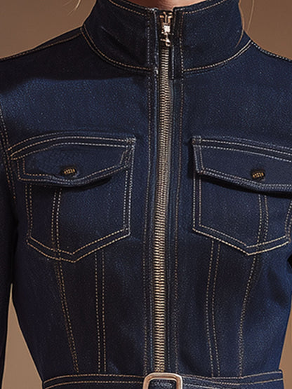 Stylish Retro Zip-up Blue Denim Jacket