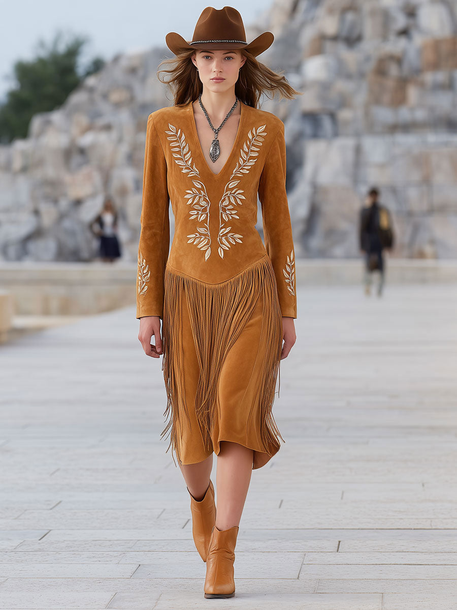 Western-style Vintage Leaf Embroidery Caramel Faux Suede Tassel Midi Dress