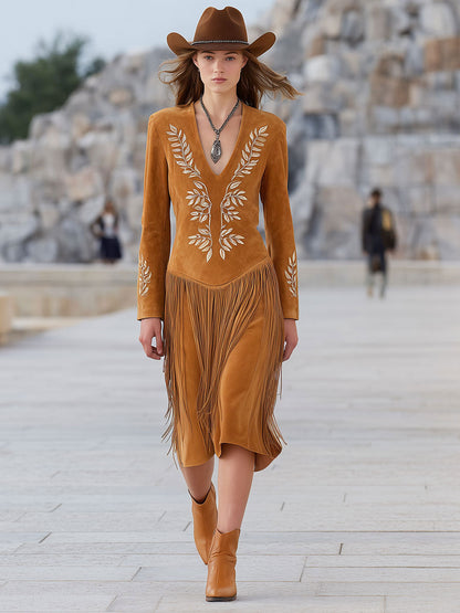 Western-style Vintage Leaf Embroidery Caramel Faux Suede Tassel Midi Dress