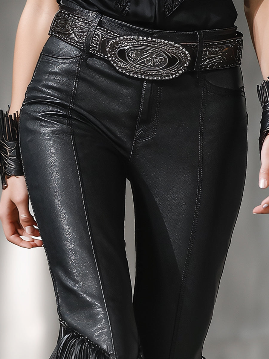 Western Black Faux Leather Flared Pants