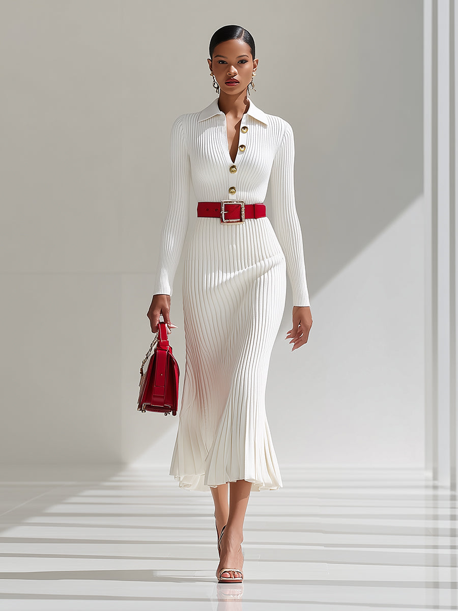 White Wool Lapel Button Design Maxi Dress