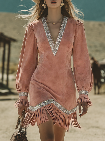 Western-style Retro Bohemian Fringed Faux Suede Dress