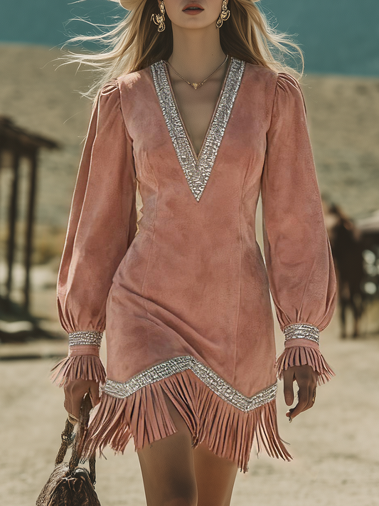 Western-style Retro Bohemian Fringed Faux Suede Dress