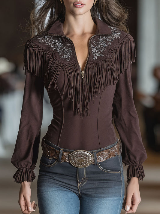 Brown Faux Suede Zippered Embroidered Tassel Top