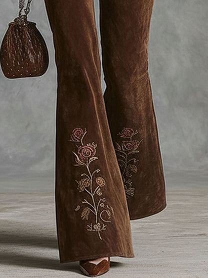 Western-style Floral Embroidered Pocket Flared Pants