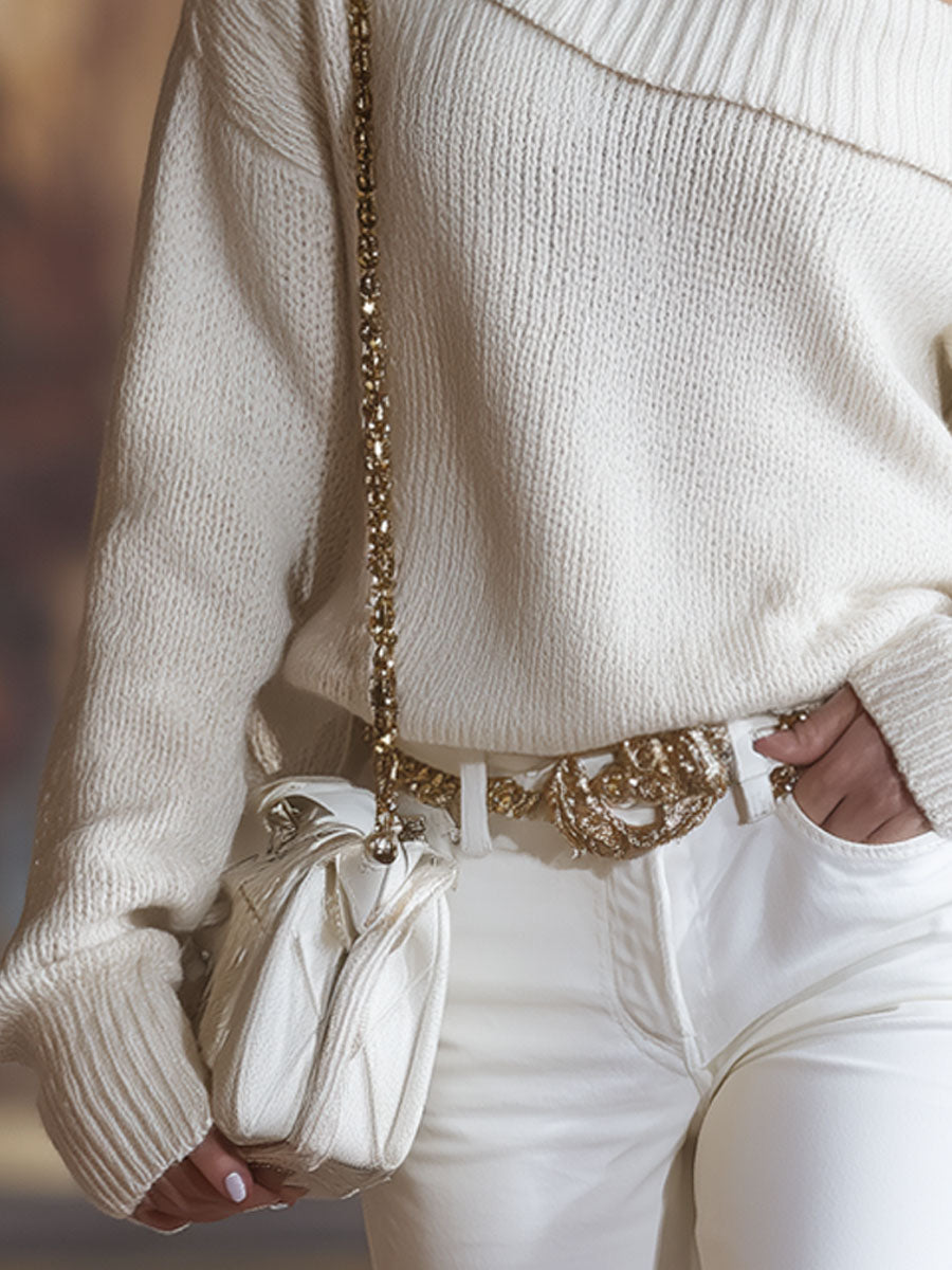 White One-shoulder Long-sleeved Pullover Sweater