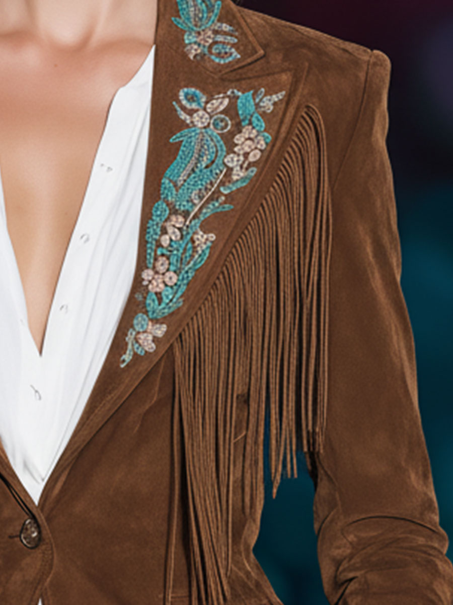 Western Retro Embroidered Brown Faux Suede Tassel Blazer