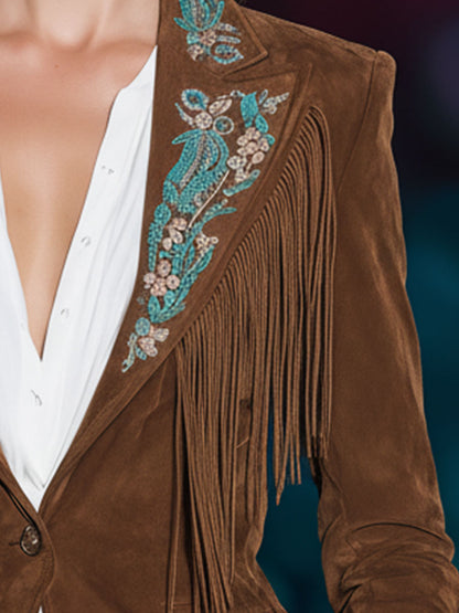 Western Retro Embroidered Brown Faux Suede Tassel Blazer