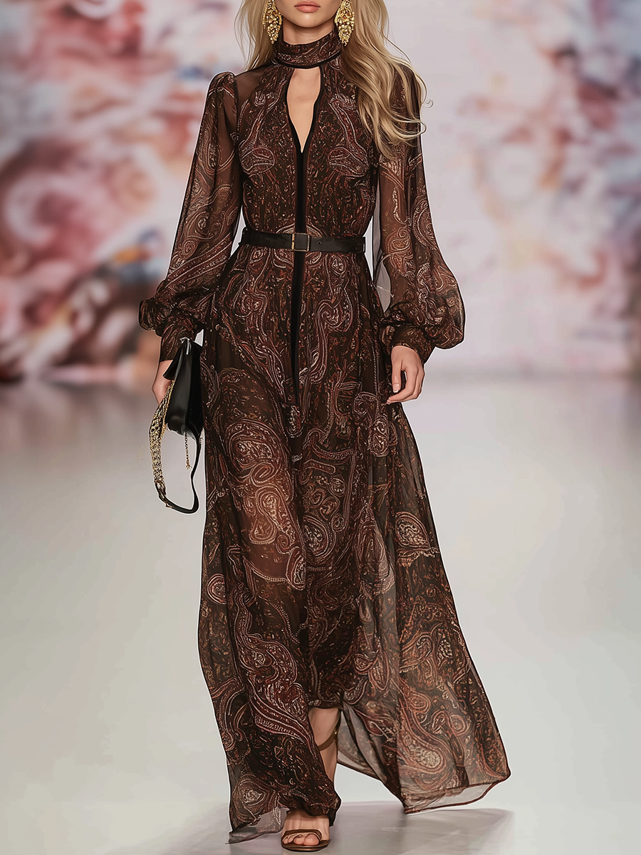 Bohemian Style Retro Paisley Print Chiffon Maxi Dress