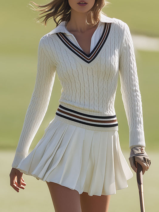 Sporty Retro Long-Sleeved Off-White Knit Cable Knit Sweater And Pleated Skirt Set