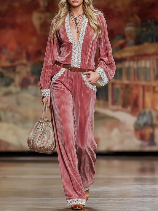 Striped Velvet Patchwork Lace-trimmed Top And Wide-leg Pants Set